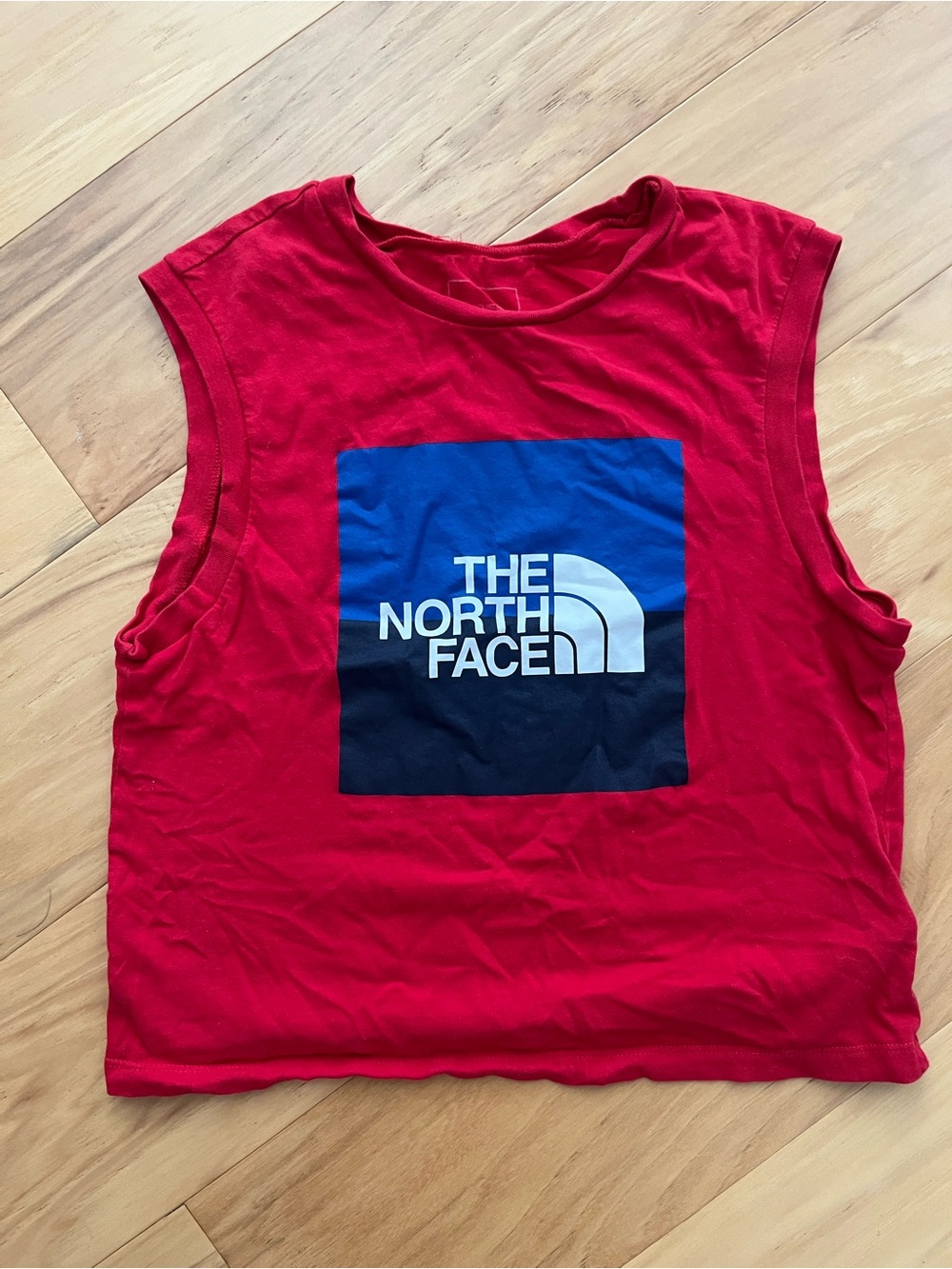 The North Face Red Tank with Blue and Black Logo Block